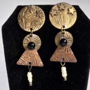 Vntg Silver Forest Celestial Mother Earth & 3 Stars Dangle Earrings 2 1/4"X.75"